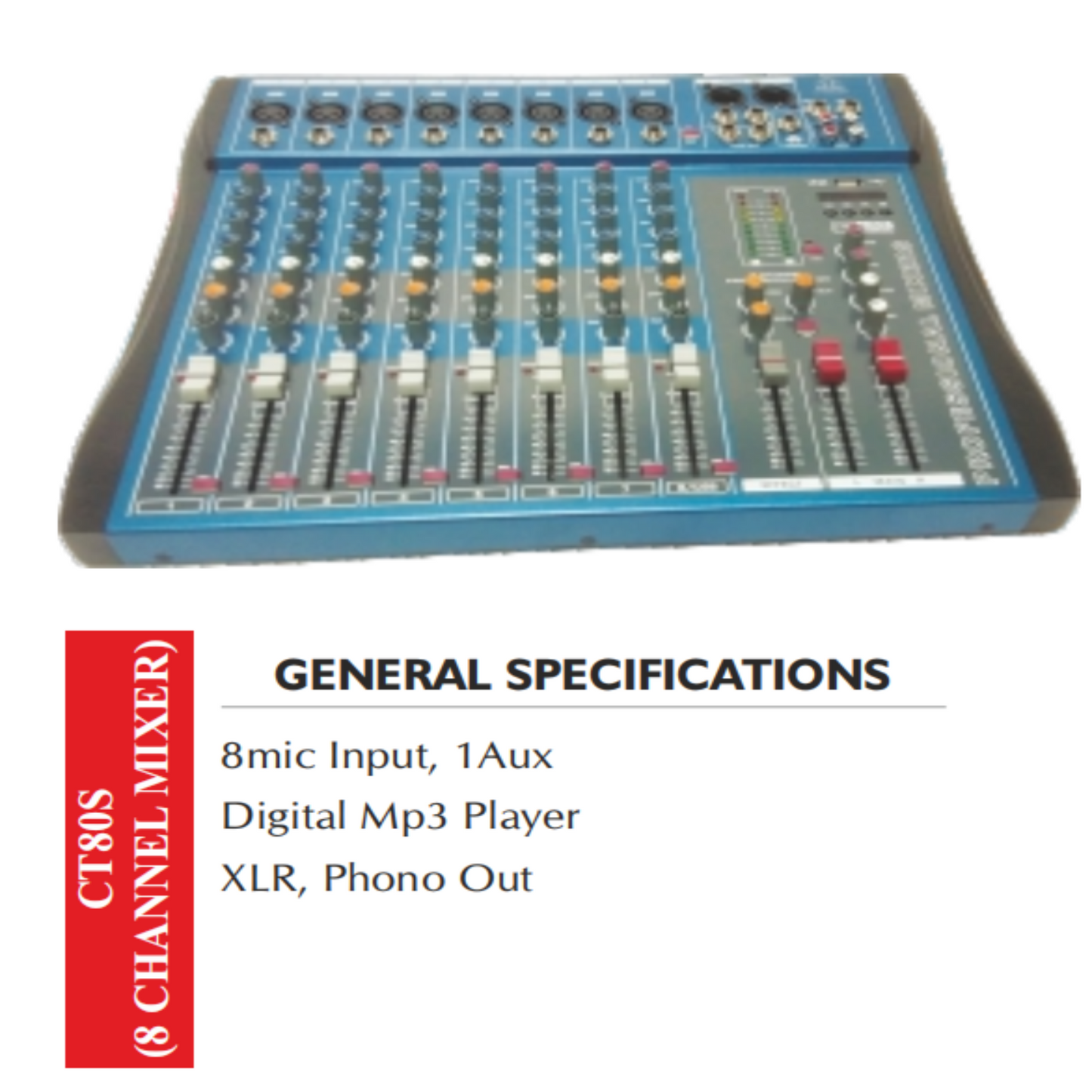 CT80S Professional 8-Channel Audio Mixer with USB MP3 Player, XLR & Phono Output