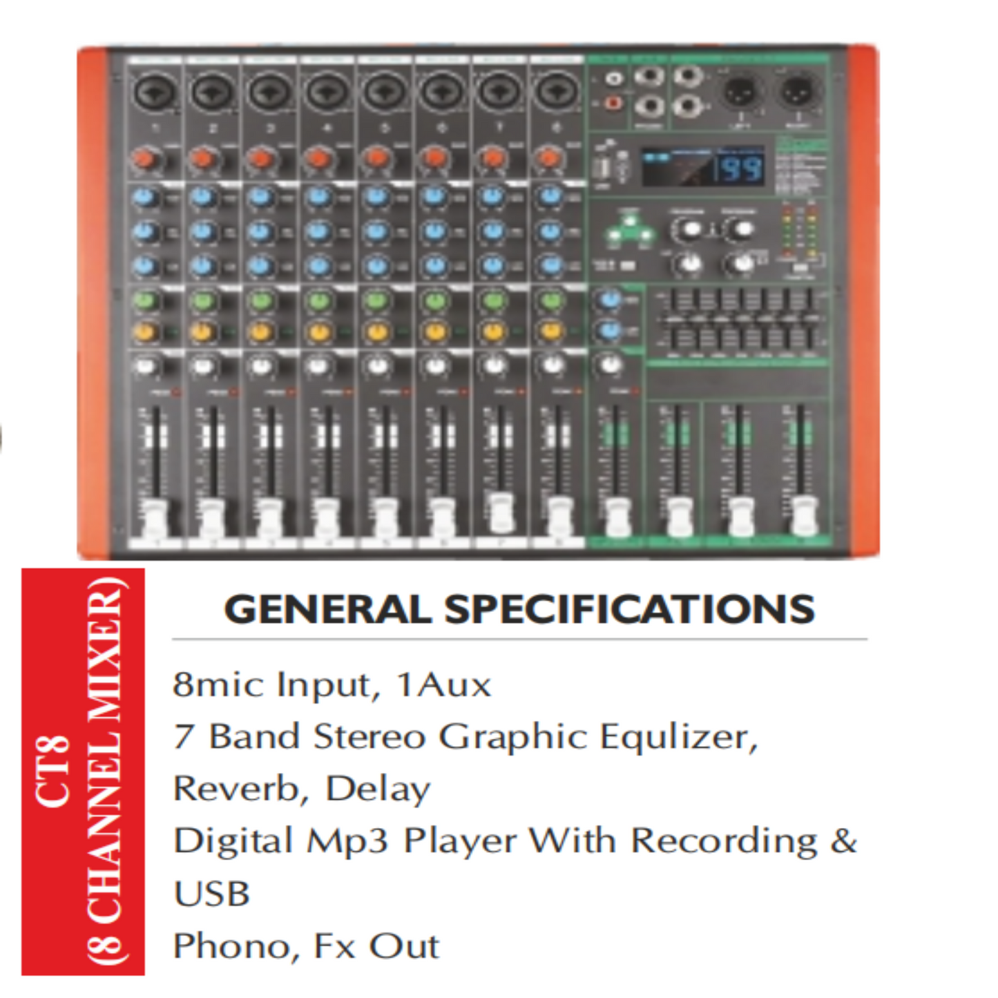 CT8 Professional 8-Channel Audio Mixer with USB Recording, DSP Effects & 7-Band EQ