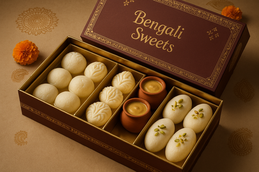 Assorted Bengali sweets gift box containing Rasgulla, Sandesh, Mishti Doi and Chomchom. Perfect for festivals and special occasions. Beautifully packaged.