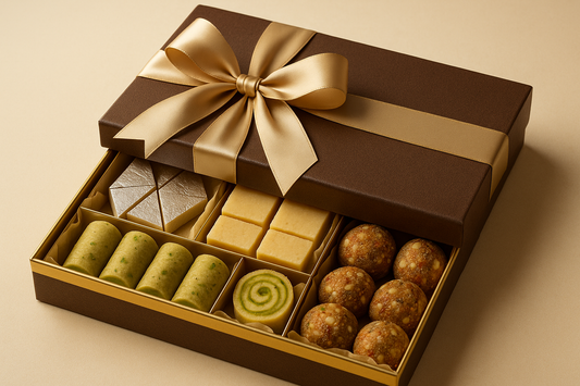 Luxury gift box with Kaju Katli, Badam Burfi, Pista Roll and Dry Fruit Laddu. Premium packaging with ribbon. Ideal for corporate gifting.