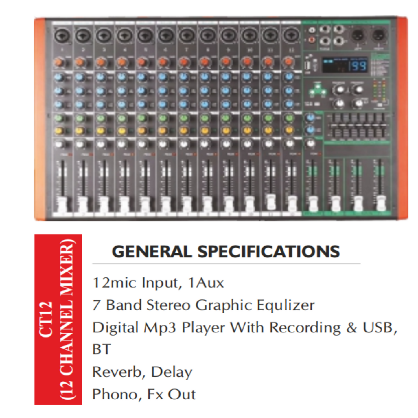 CT12 Professional 12-Channel Audio Mixer with USB Recording, Bluetooth, DSP Effects & 7-Band EQ