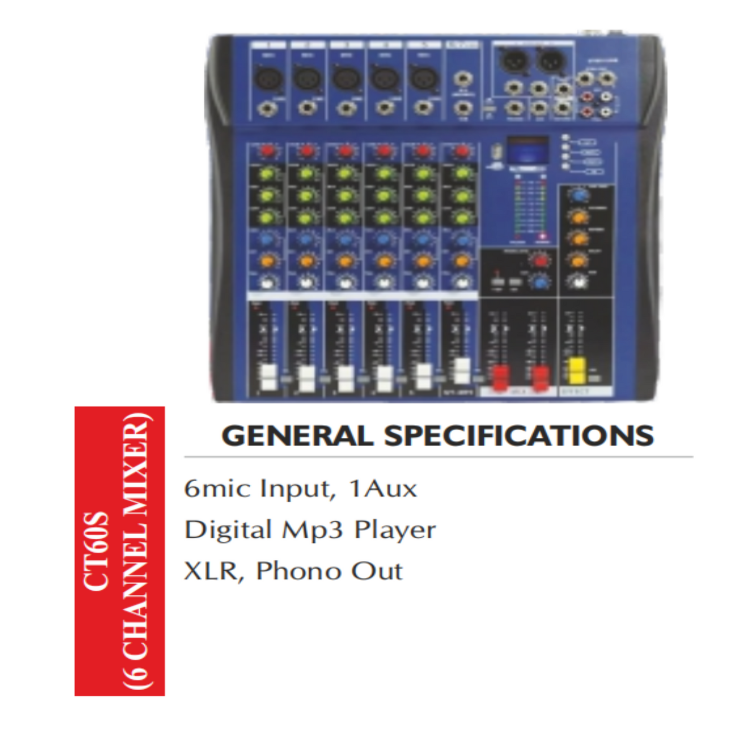 CT60S Professional 6-Channel Audio Mixer with USB MP3 Player & XLR Output
