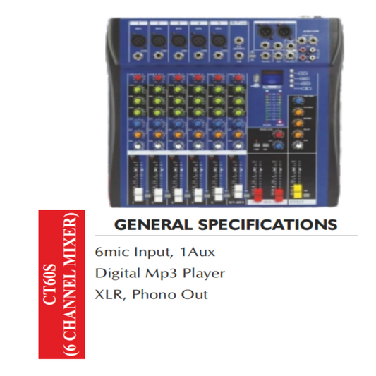 CT60S Professional 6-Channel Audio Mixer with USB MP3 Player & XLR Output