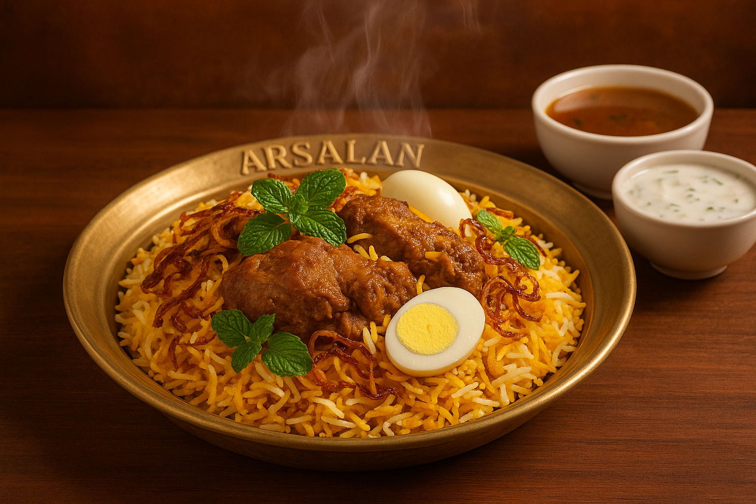 Arsalan Special Biryani\
Authentic Kolkata-style biryani from the legendary Arsalan restaurant. Made with premium basmati rice, tender meat, and aromatic spices.\
