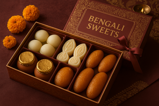 Assorted Bengali sweets gift box containing Rasgulla, Sandesh, Mishti Doi and Chomchom. Perfect for festivals and special occasions. Beautifully packaged.