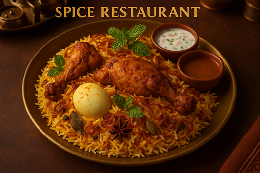 Chicken Biryani at Spice Restaurant Kolkata\
Authentic Kolkata-style chicken biryani with spices and basmati rice.\
