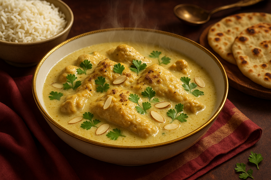 Chicken Rezala\
Creamy and mildly spiced chicken curry, a Mughlai delicacy served with naan or rice.\
