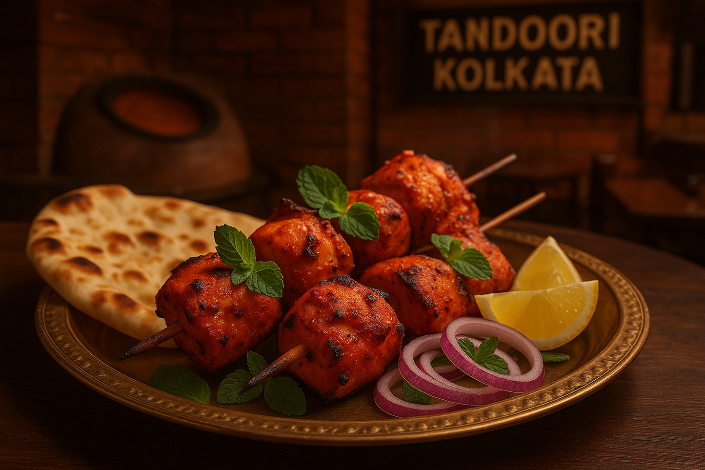 Chicken Tikka at Tandoori Kolkata\
Spicy grilled chicken tikka with spices.\
