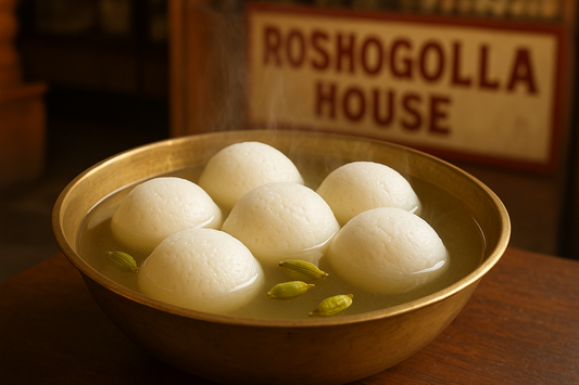 Classic Durgapur style Rasgulla with perfect texture and sweetness. Made with fresh chenna and cardamom-infused syrup at Roshogolla House.