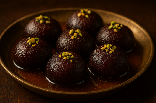 Dark, rich Kalo Jamun with deep caramelized flavor. Made with khoya and soaked in thick sugar syrup. A specialty of Sweet Bengal Siliguri.