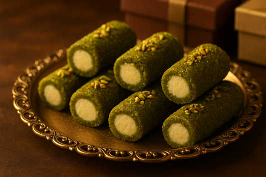 Elegant pistachio rolls with creamy filling. Made with premium pistachios and khoya. Perfect for gifting from Sandesh Palace.