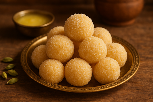 Fresh coconut laddu with cardamom and ghee. Made with grated coconut and condensed milk. Light, aromatic sweet perfect for all occasions.