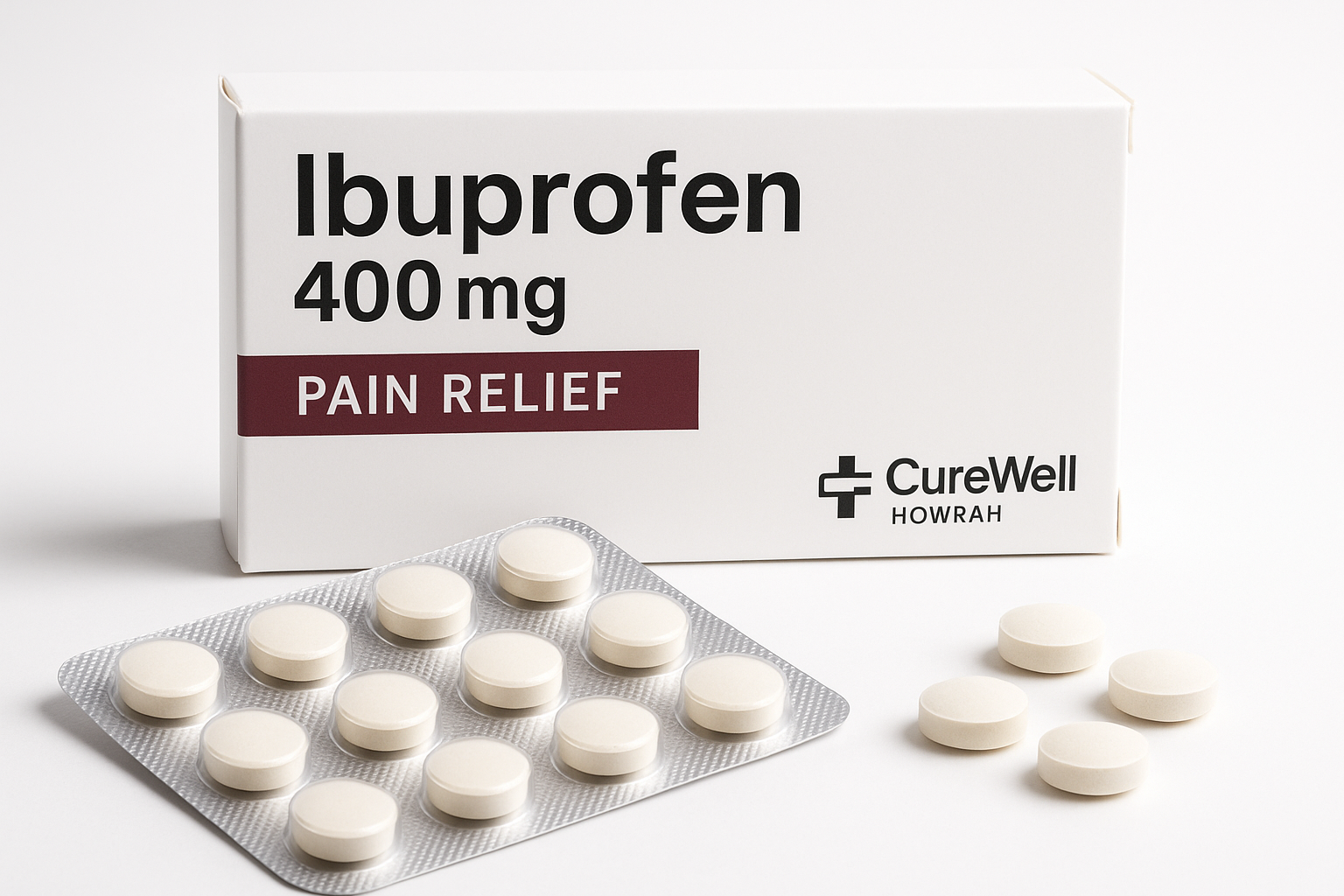 Ibuprofen Tablets from CureWell Howrah\
Pain relief ibuprofen tablets, 400mg.\
