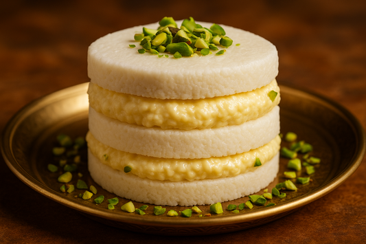 Layered sweet with malai filling between soft sandesh layers. Garnished with pistachios. A modern creation from Mishti Bhandar's kitchen.

