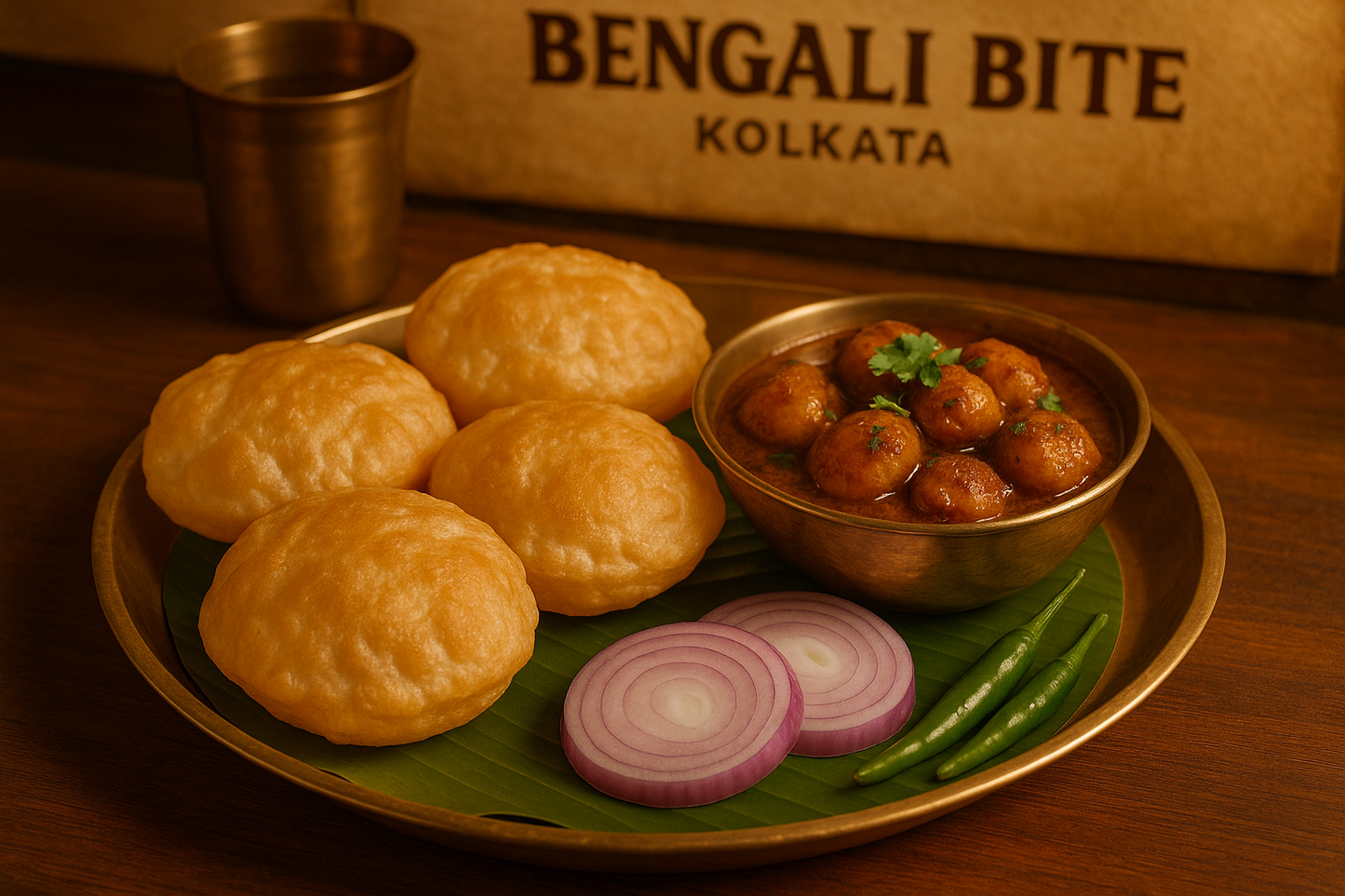 Luchi with Aloo Dum at Bengali Bite Kolkata\
Traditional Bengali luchi with aloo dum.\
