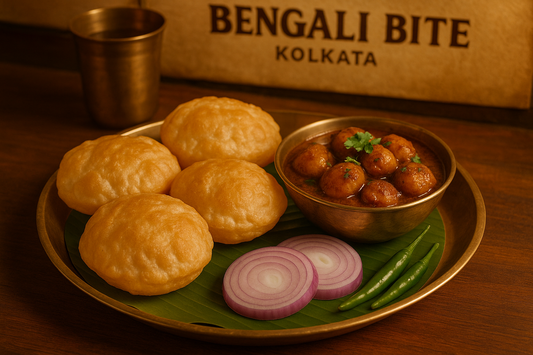 Luchi with Aloo Dum at Bengali Bite Kolkata\
Traditional Bengali luchi with aloo dum.\
