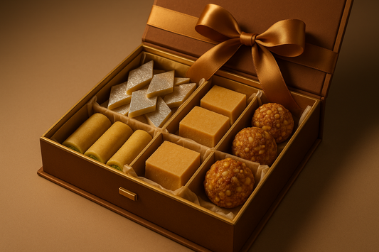Luxury gift box with Kaju Katli, Badam Burfi, Pista Roll and Dry Fruit Laddu. Premium packaging with ribbon. Ideal for corporate gifting.