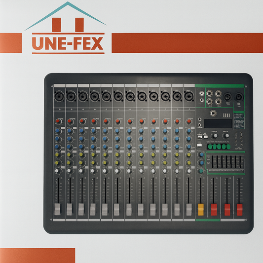 UNE-FEX MIXER , ST12(12 CHANNEL MIXER) — GENERAL SPECIFICATIONS , 12mic Input, 1Aux,7 Band Stereo Graphic Equalizer,Digital Mp3 Player With Recording &amp; USB, BT,Reverb, Delay,Phono, Fx Out