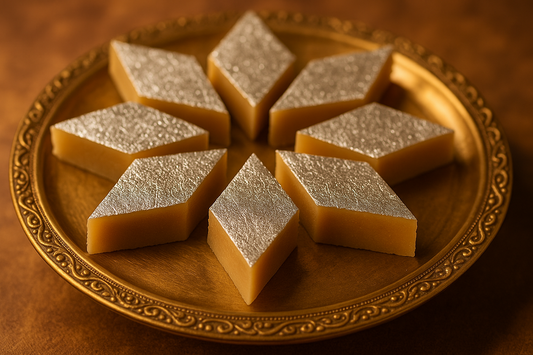 Premium cashew fudge with pure silver leaf. Rich, smooth texture made from finest cashews. Handcrafted at Sandesh Palace for special occasions.