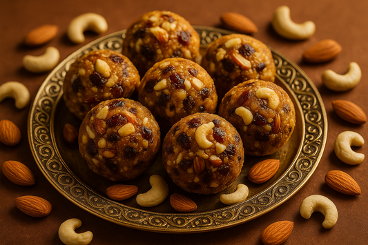 Premium laddu made with mixed dry fruits, almonds, cashews and dates. Rich in nutrition and taste. Healthy sweet option from Sandesh Palace.