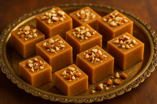 Rich almond fudge made with pure almonds and milk. Garnished with chopped almonds. A premium sweet from Sandesh Palace's artisan collection.