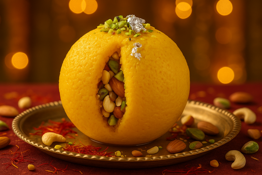 Royal saffron rasgulla stuffed with dry fruits and pistachios. Large sized premium sweet perfect for celebrations. Made at Mishti Bhandar Howrah.
