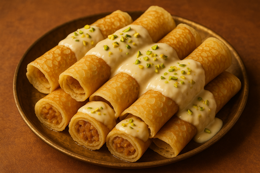 Traditional Bengali winter sweet. Thin crepe filled with coconut and date palm jaggery. Rolled and garnished with kheer. Seasonal specialty.